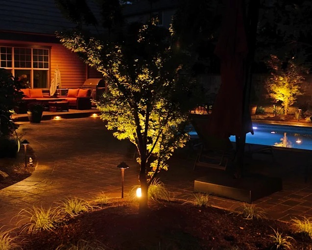 Warm landscape lighting on a patio at night